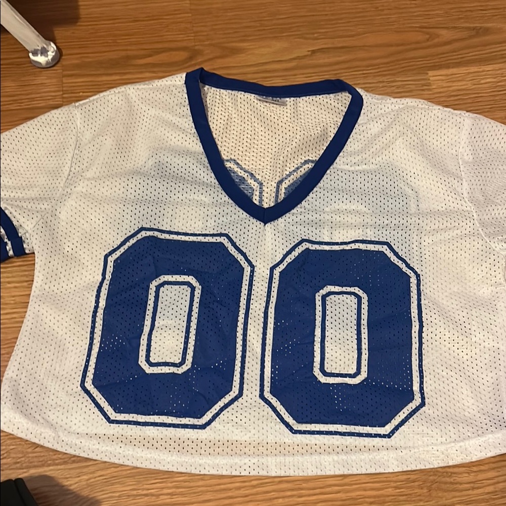 Spirit White and Blue Mesh Jersey Top with V-Neck